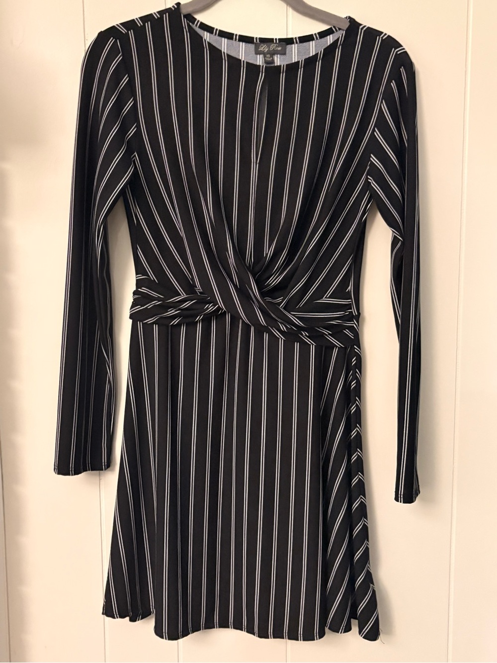Lily Rose Black Dress with White Pinstripes and Twist Waist
